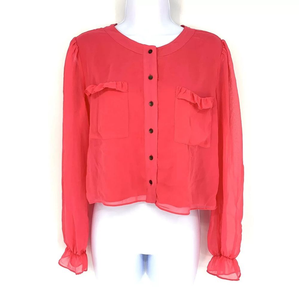 GUESS Hot Pink Crop Sheer Back Blouse Top Size S Poet Long Sleeve Button‎ Front